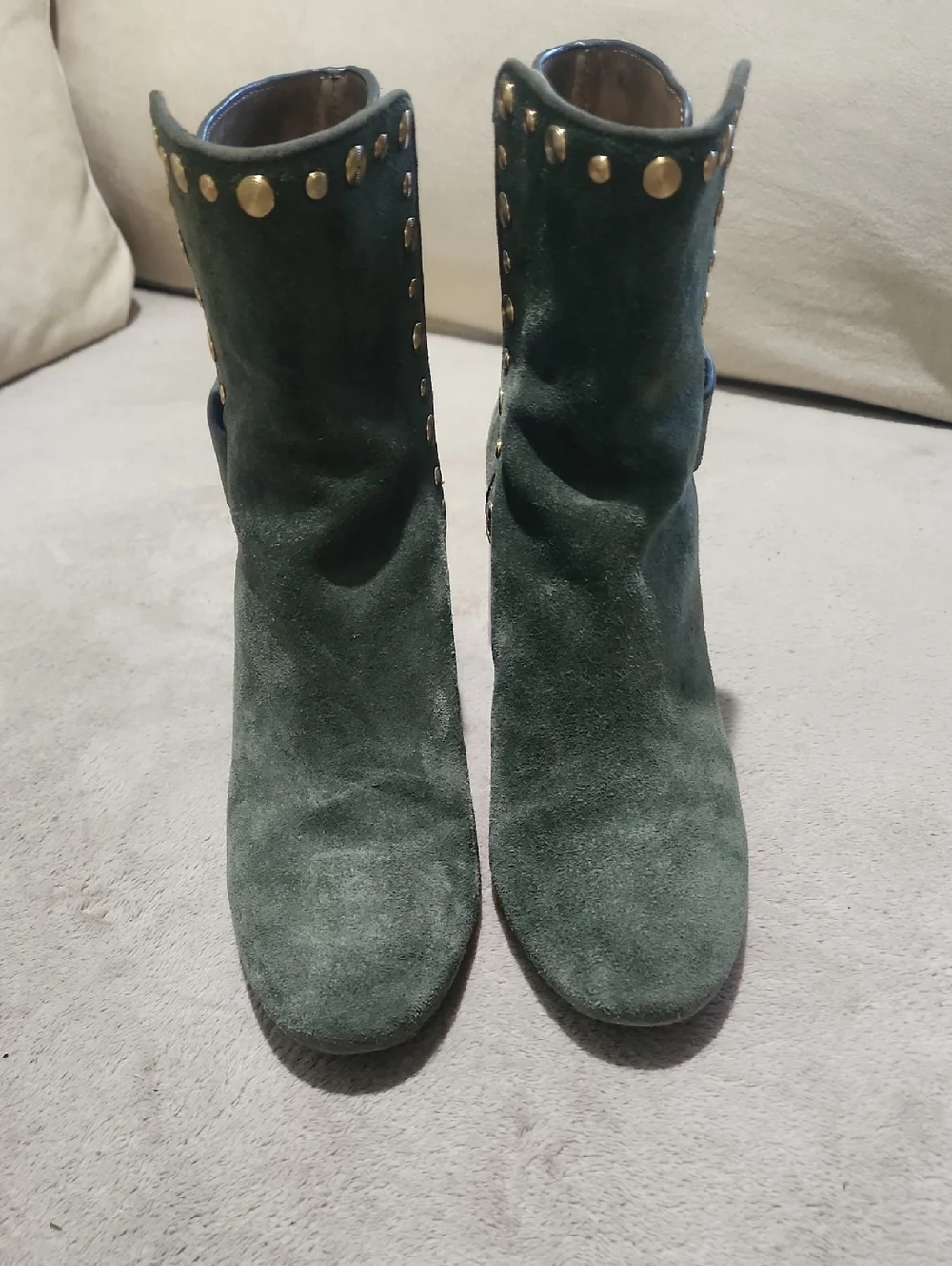 Tory Burch Kira 70mm Stud Suede Bootie in Olive Green - Picture 3 of 12